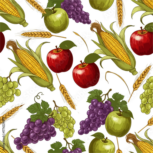 Autumn Harvest Seamless Pattern with Corn, Apples, Grapes, and Wheat - Vector Illustration
