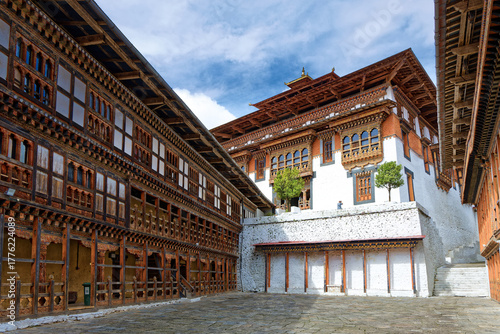 Main courtyard of Chokhor Raptentse Dzong in Trongsa, Bhutan