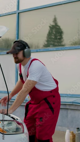 Mechanic with headphones listens to music inspecting car