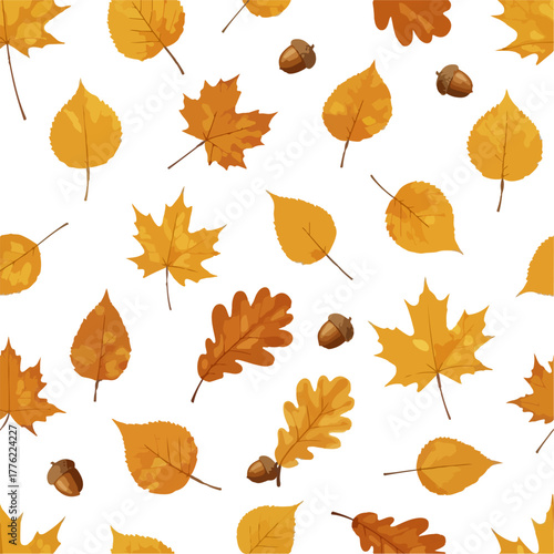 Elegant Autumn Seamless Pattern with Golden Leaves and Acorns Vector Illustration

