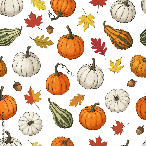 Festive Thanksgiving Pumpkin and Gourd Seamless Pattern Vector Illustration
