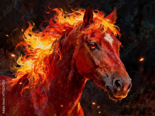 A magnificent portrait of a horse's head with a fiery mane and beautiful eyes