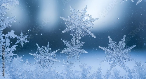 Close-up of intricate snowflakes on a window, capturing the beauty of winter frost.