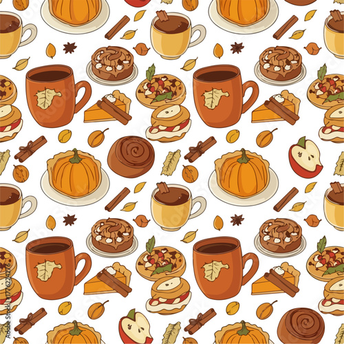 Cozy Thanksgiving Seamless Pattern with Coffee Mugs and Desserts, Cinematic Golden Tones, Vector Illustration
