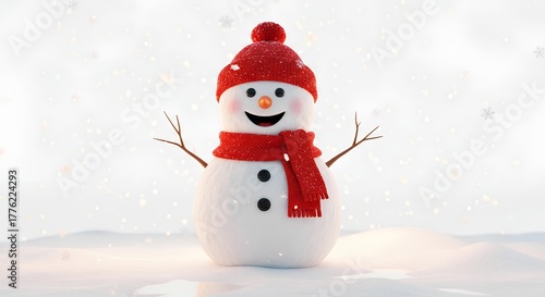 Cheerful snowman with red hat and scarf in a snowy landscape.