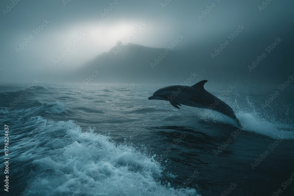 Fototapeta premium Dolphin leaps gracefully above ocean waves at sunset near the horizon