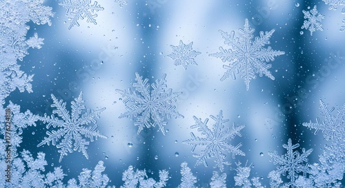 Close-up of snowflakes on a window, creating a wintery scene.