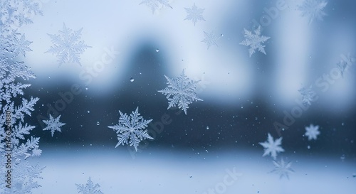 Close-up of snowflakes on a window, with a blurred background, showcasing winter's intricate beauty and the delicate patterns of ice crystals.