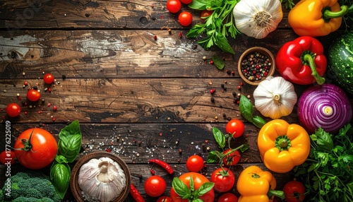 Vibrant Assortment Of Fresh Organic Vegetables And Herbs Arranged On A Rustic Wooden Tabletop With A Dark Moody Lighting