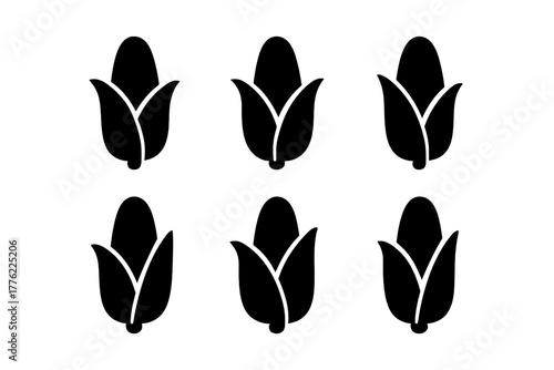 Black silhouette of corn cobs arranged in a simple design on a white background