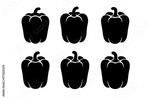 Black bell pepper silhouettes arranged in a neat grid pattern on a white background for a clean design look