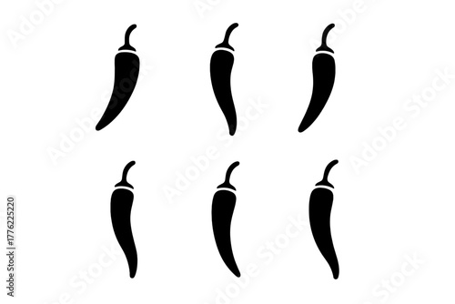 Group of six black chili peppers in simple design layout on white background for culinary or illustrative use