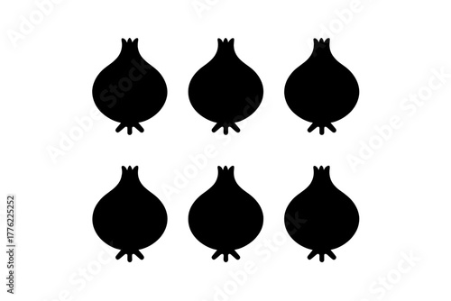 Silhouette of six pomegranates arranged in two rows on a plain background