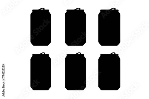 Six blank soda cans arranged in a grid on a plain background for design and creative purposes