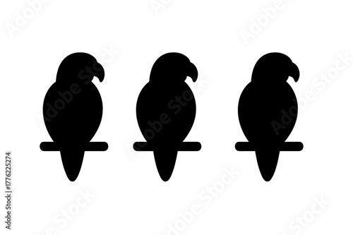 Three silhouettes of parrots sitting on perches against a simple background