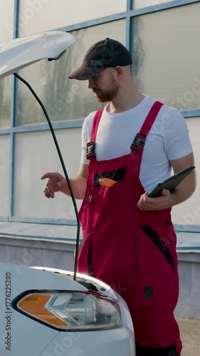 Mechanic with tablet analyzes results of car condition check