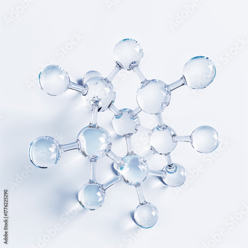 Molecular structure and blue spherical molecule. Macro shot of skincare molecule.  Cosmetic collagen, biomedical, scentific, skin care concept background.