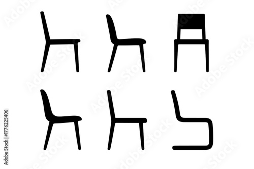 Different styles and silhouettes of chairs displayed in various positions and angles