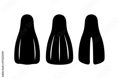 Different styles of swimming fins designed for various aquatic activities showcased in a simple black silhouette design