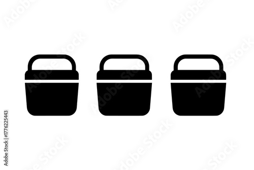 Three black containers with handles aligned in a row on a white background for storage or organization purposes