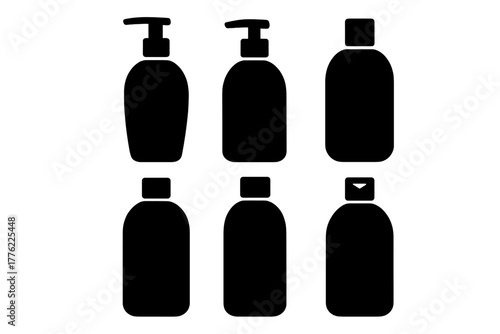Silhouette of six body care product bottles arranged in two columns and three rows on a plain background
