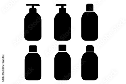 Different shapes and sizes of lotion bottles on a plain background for packaging design ideas