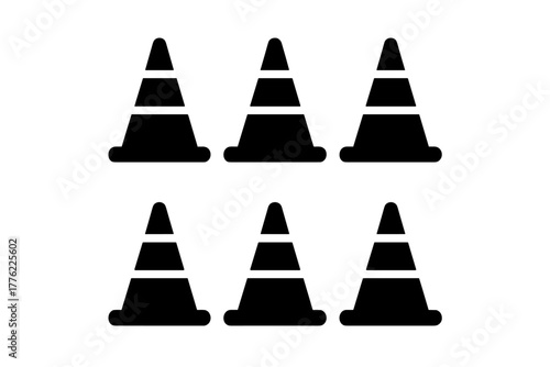 Traffic cones arranged in a grid pattern on a plain background for construction and safety purposes