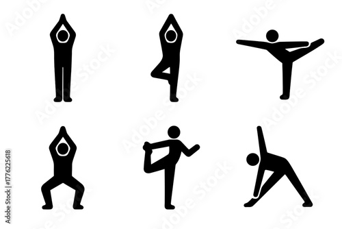 Yoga poses representing various stretches and balances during a morning practice session at home or in a studio