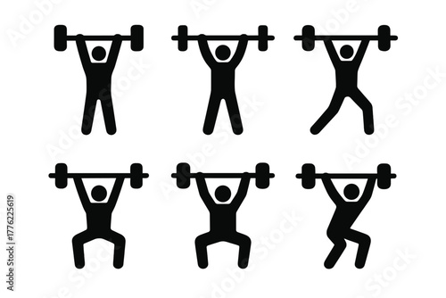 Weightlifting silhouettes showing different exercises for strength training and fitness routines indoors