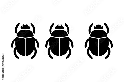 Three black beetles in a row, showcasing simple designs and symmetry on a white background