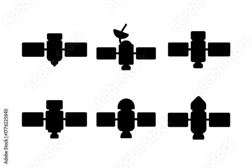 Silhouettes of various types of satellites and spacecraft against a plain background