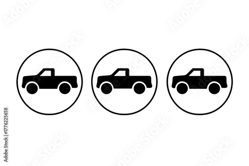 Three simple black truck icons in circular designs on a clean white background