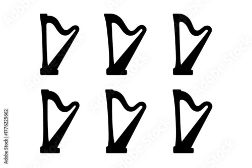 Six simple harp silhouettes lined up in a minimalist pattern on a plain background