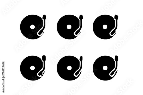 Six vinyl records with turntables displayed in a simple design for music lovers and collectors