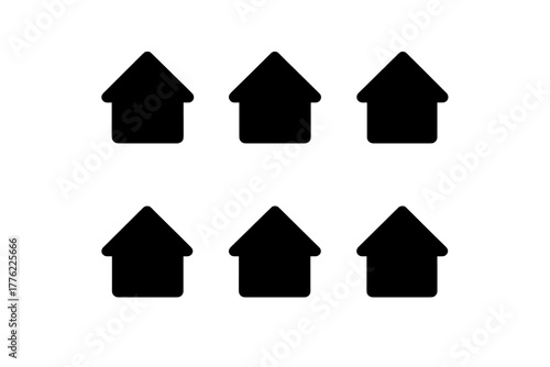 Six black house icons arranged in two rows for use in design projects and digital applications