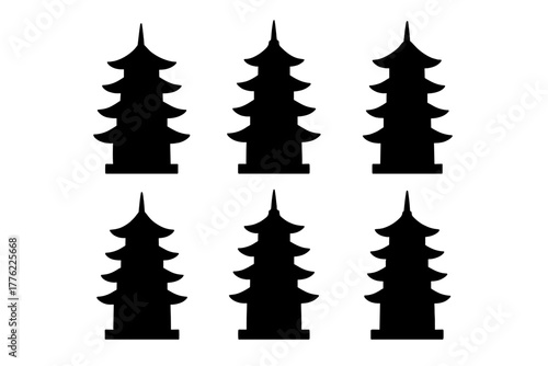 Six tall black pagoda-style trees arranged in two rows on a white background