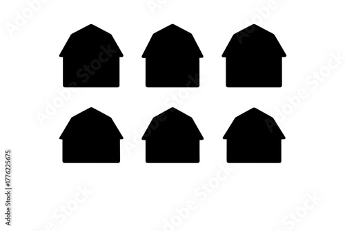 Six simple black house outlines arranged in two rows for a minimalist design concept