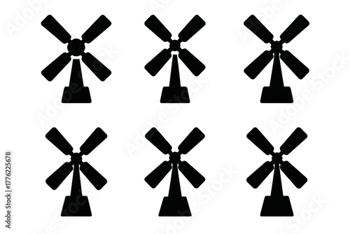 Six black windmill silhouettes in various positions against a white background