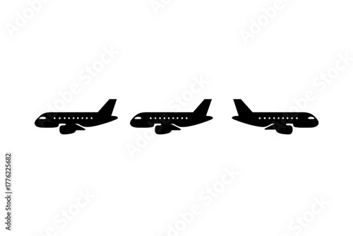 Three black silhouettes of airplanes in flight, showcasing various angles and positions during aerial travel