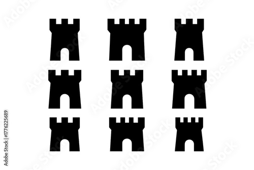 Black castle silhouettes arranged in a grid pattern creating a strong visual appeal for design purposes or artistic projects