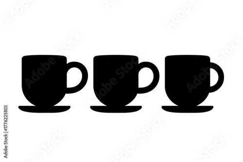 Three black coffee cups on saucers against a plain background