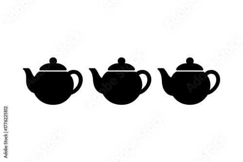 Collection of three simple black teapots on a white background showcasing classic kitchenware design