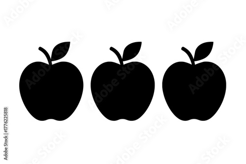 Three simple black apple silhouettes lined up in a row on a white background