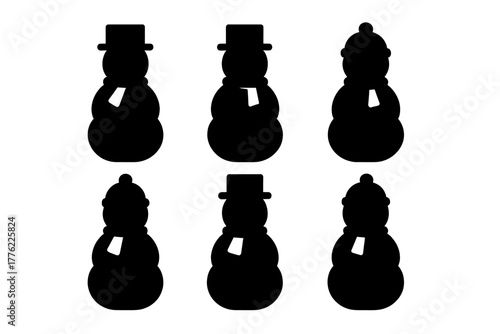 Six snowman silhouettes in different styles with hats and scarves against a plain background during winter season