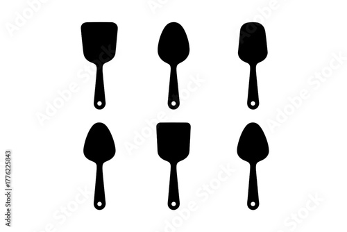 Various shapes and sizes of spatulas arranged in a grid for kitchen use and culinary tasks
