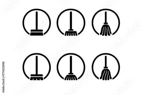 Creative design of black broom and dustpan icons in a simple circular style