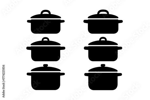 Various cooking pots arranged in two rows, showcasing different sizes and designs suitable for various cuisines and meal preparations