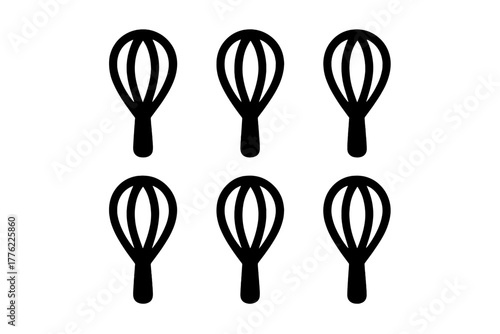 Whisks arranged in a grid pattern showcasing their unique shapes in black silhouette design for culinary use