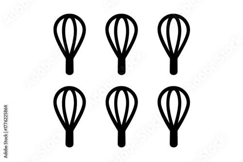 Six black whisk designs suitable for kitchen art or online cooking content
