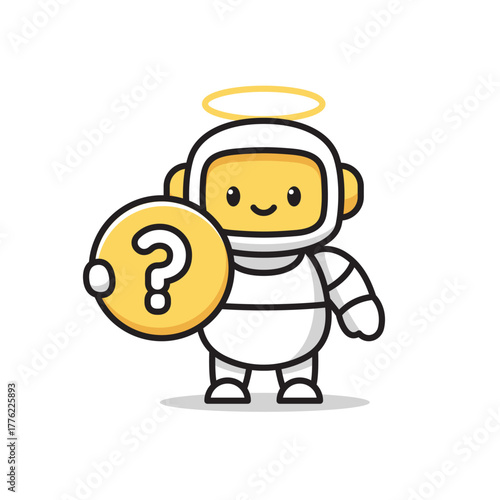 Adorable cartoon astronaut robot holding a yellow question mark icon. Flat vector style with clean outline, modern and friendly character design perfect for tech, education, or FAQ concepts.